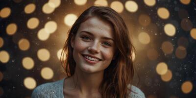 Smiling girl with freckles on a sparkling background. photo