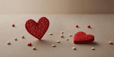 Romantic red elements layout with hearts on a beige background minimal valentines concept. photo