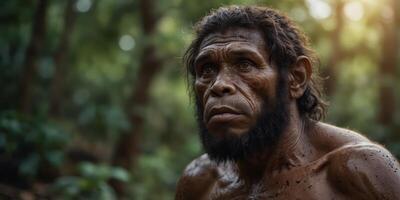 An extinct species of an early human, primitive man, early human existence, tools, culture, and survival in the ancient epochs of our evolutionary past. photo