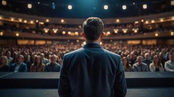 A man standing on a stage in front of a large audience. photo