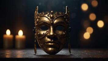 two theatrical masks are good and evil on dark background with copy space. photo