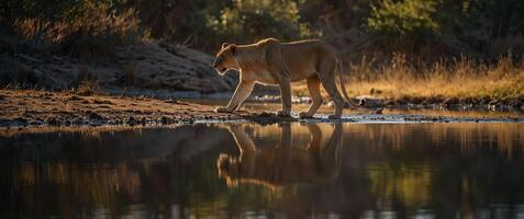 Femanle lioness drinking wanter from a pond or river in wilderness nanture Africann sanfanri wildlife predantor annimanl, danngerous wild cant hunter, outdoors, reflection. photo