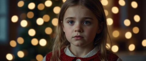 sad little girl over holidays lights background. photo