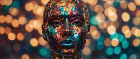 Mannequin head fully covered in multicolored sequins evokes thoughts of identity and expression. photo
