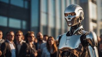 A humanoid robot in a sleek metallic suit stands confidently on a runway, representing a perfect fusion of machine aesthetics and futuristic fashion amidst a modern audience. photo