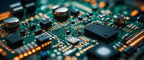 Close-up of an electronic circuit board with many small electronic components. photo