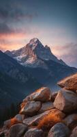 A mountain where the rocks hum with ancient songs, echoing through the valleys. photo