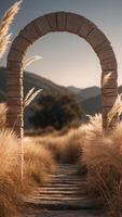 Minimalist Archway with Stone and Pampas Grass. photo
