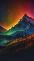 A starry sky where each star is a different color, casting a rainbow of light onto a mountain range. photo