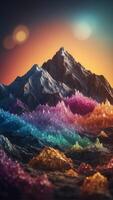A mountain range made entirely of crystals glowing in various colors. photo