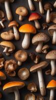 Overhead flat lay view of different varieties of mushroom and fungi. photo