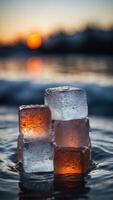 Close up of ice cubes in a cold ice bath plunge pool. photo