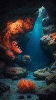 An underwater cave with glowing coral, and a clear, illuminated stone at the center. photo