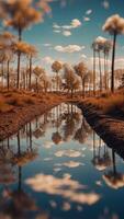 A landscape where the ground is made of mirrors, reflecting infinite versions of the sky. photo
