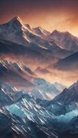 A mountain range where the peaks are made of ice and the valleys are filled with light. photo