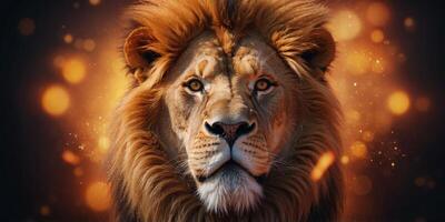 Fierce Flaming Polygonal Lion in Geometric Art Style. photo