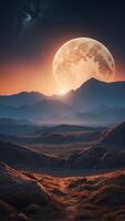 A distant planet with a sky filled with three moons and glowing mountain peaks in the distance. photo