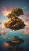 A floating island where the plants hum with energy and the sky is filled with glowing clouds. photo