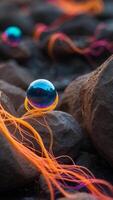 Neon vines growing on the surface of an alien planet, wrapping around floating rocks. photo