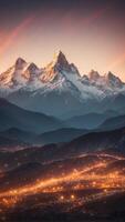 A mountain range where the peaks are made of glass and the valleys glow with an otherworldly light. photo