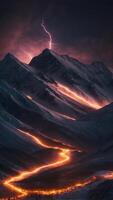 A mountain range made of frozen lightning, still sparking in the night. photo