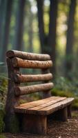 A rustic wooden bench in an enchanted forest, with soft light illuminating the seat. photo