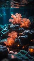 An underwater cave with glowing coral, and a clear, illuminated stone at the center. photo