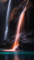 A neon-lit waterfall cascading into a glowing pool of water surrounded by dark cliffs. photo