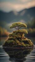 A floating island where the ground is covered in glowing moss and the air hums with magic. photo