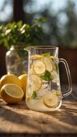 Refreshing Pitcher of Lemonade on a Wooden Table. photo
