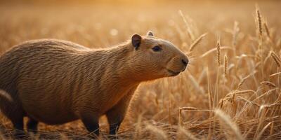 Capybara enjoying sunny day in wheat field. photo