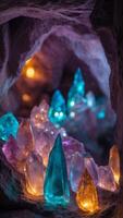 A crystal cavern with walls glowing in shades of violet, turquoise, and gold. photo