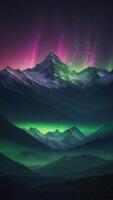 A mountain range glowing under the light of an aurora borealis in shades of green and purple. photo