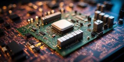 Advanced Circuit Board Hosting Microchip and Electronic Components Signifying Technological Evolution in Computing and Data Processing. photo