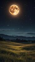 A night sky filled with bright constellations and a glowing full moon casting shadows on a meadow. photo