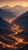 A mountain range where the peaks are made of glass and the valleys glow with an otherworldly light. photo