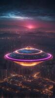 A colossal alien spaceship hovering above a neon-lit city on a distant planet. photo