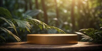 Golden podium in lush tropical jungle for product presentation and promotion with sunlight filtering through foliage. photo