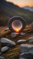 A stone circle on a mountaintop with a glowing central stone left empty. photo
