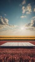 An empty floating platform above a field of futuristic crops under a bright sky. photo