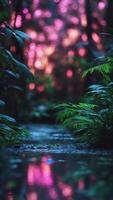 A surreal jungle landscape where the plants glow in neon green, blue, and pink. photo