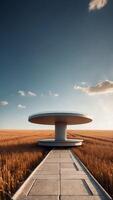 An empty floating platform above a field of futuristic crops under a bright sky. photo