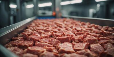 Freshly cut meat products being transported on a moving conveyor belt in a processing facility. photo