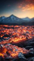 A mountain range with peaks made of ice and valleys of glowing lava. photo