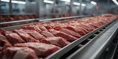 Freshly cut meat products being transported on a moving conveyor belt in a processing facility. photo
