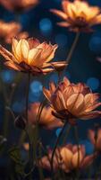 A field of giant flowers with petals made of stained glass, glowing in the moonlight. photo