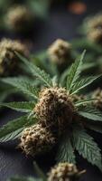 overhead view of a cannabis joint with a marijuana leaf. photo