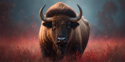Buffalo with Intense Stare on Red Background. photo