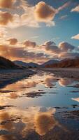 A landscape where the ground is made of mirrors, reflecting infinite versions of the sky. photo