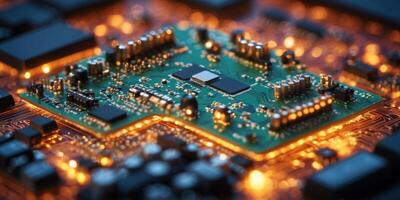 Advanced Circuit Board Hosting Microchip and Electronic Components Signifying Technological Evolution in Computing and Data Processing. photo